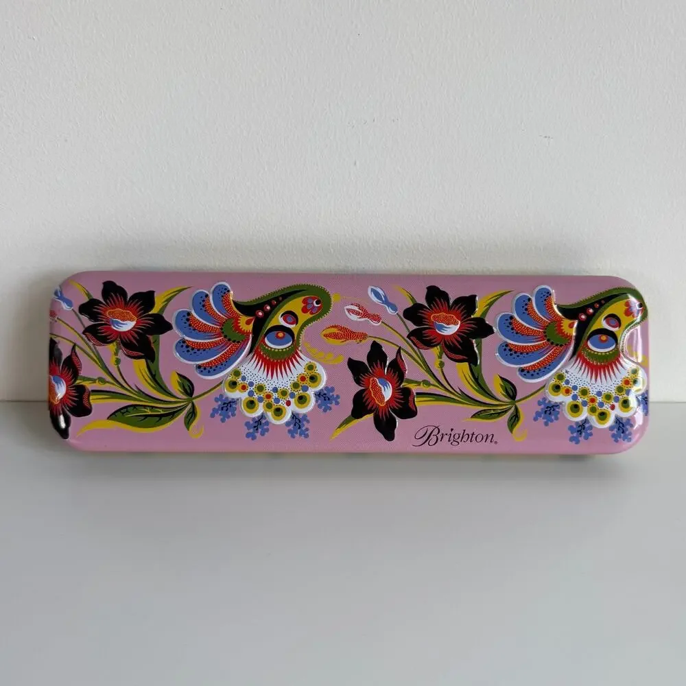 Brighton Floral Bird Metal Watch Tin Case Pink Yellow Decorative Storage Box